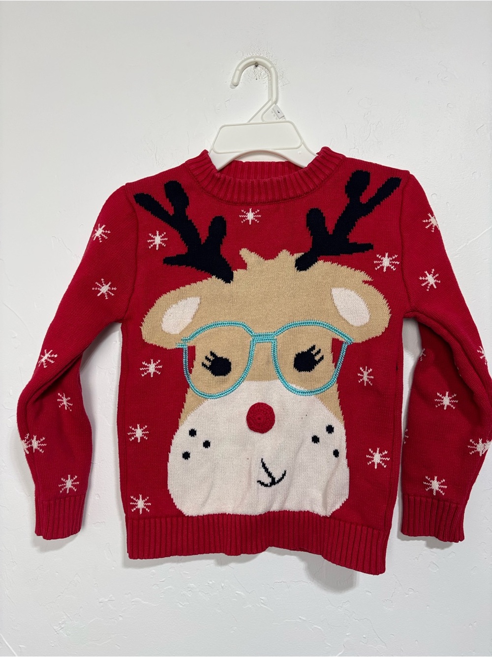 Velius Unisex Kids 7-8T Red Christmas Reindeer Snowflake Cotton Sweater Glasses